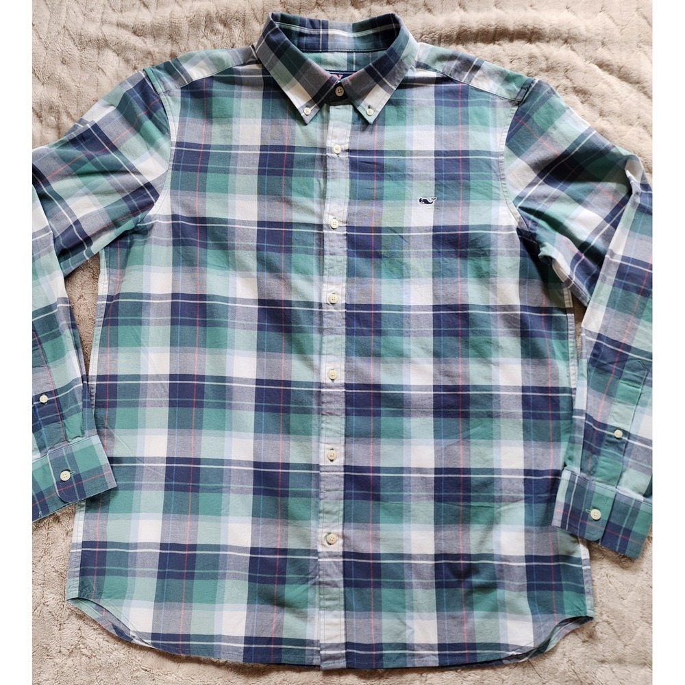 Vineyard Vines Classic Fit Long Sleeve Button Down Shirt Blue Teal Plaid Mens L